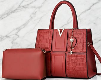 Croc-Embossed Faux Leather Top Handle Bag Set with Pouch, Gold V Accent, Detachable Strap.