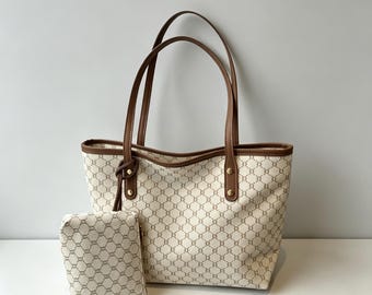Monogram Tote Bag Set, Vintage Style Top-Handle, PU Leather Shoulder Bag.