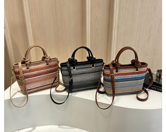 Woven Straw Crossbody Bag, Striped Top Handle Tote, Boho Summer Shoulder Purse.