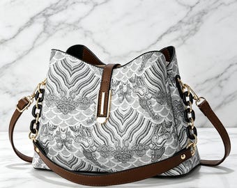 Embroidered Bucket Bag, Traditional Wave Print Crossbody Purse, Multi-Size Tote, Gift for Her