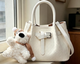 Woven PU Leather Bucket Bag with Teddy Charm, Small Satchel Crossbody Purse.