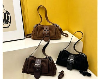 Vintage Suede-Effect Shoulder Bag, Foldover Crossbody Purse, 90s Style Handbag.