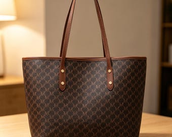 Monogram Print Tote Bag, Vegan Leather Laptop Shoulder Purse, Spacious Everyday Carryall.