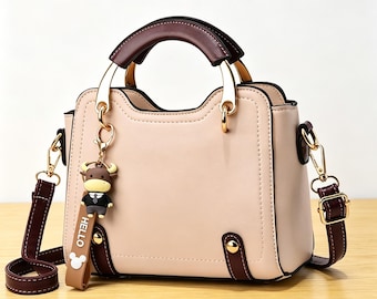 Monogram Print Satchel Purse, PU Leather Crossbody Bag with Cow Charm.