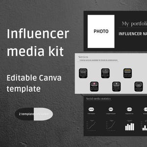 Può includere: Un modello di kit media per influencer in bianco e nero con il testo "Influencer media kit" e "Editable Canva template". Il kit include sezioni per una foto, portfolio, servizi e statistiche dei social media. Sono inclusi due modelli.