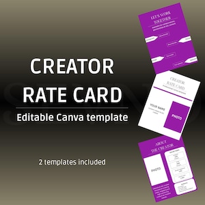 Può includere: Un set di modelli di tariffario per creatori con tre diversi layout in viola e bianco. Il testo recita CREATOR RATE CARD, Editable Canva template, 2 templates included, LET'S WORK TOGETHER, YOUR NAME e ABOUT THE CREATOR.