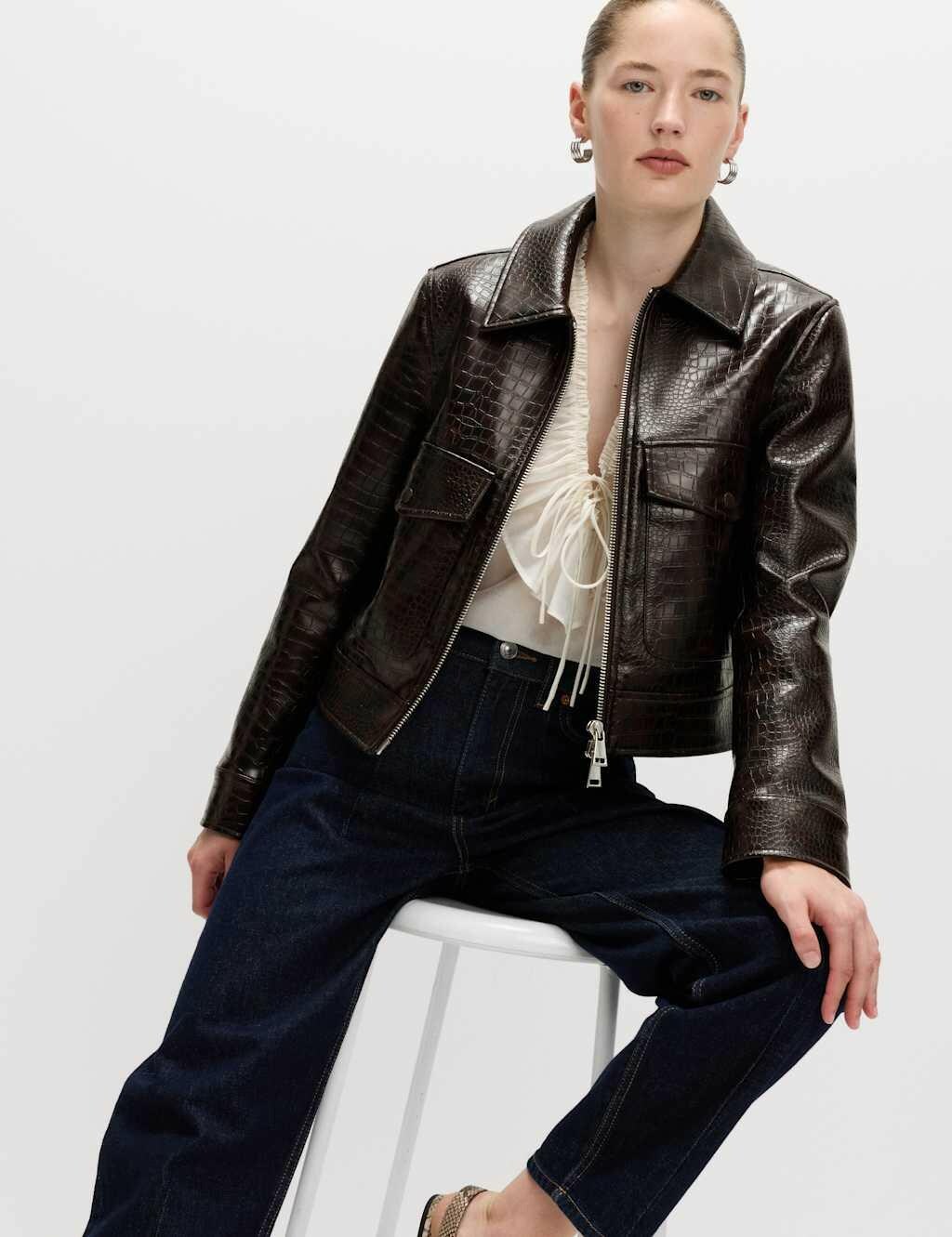 Dark Brown Crocodile Genuine Leather Jacket Women's Moto Style