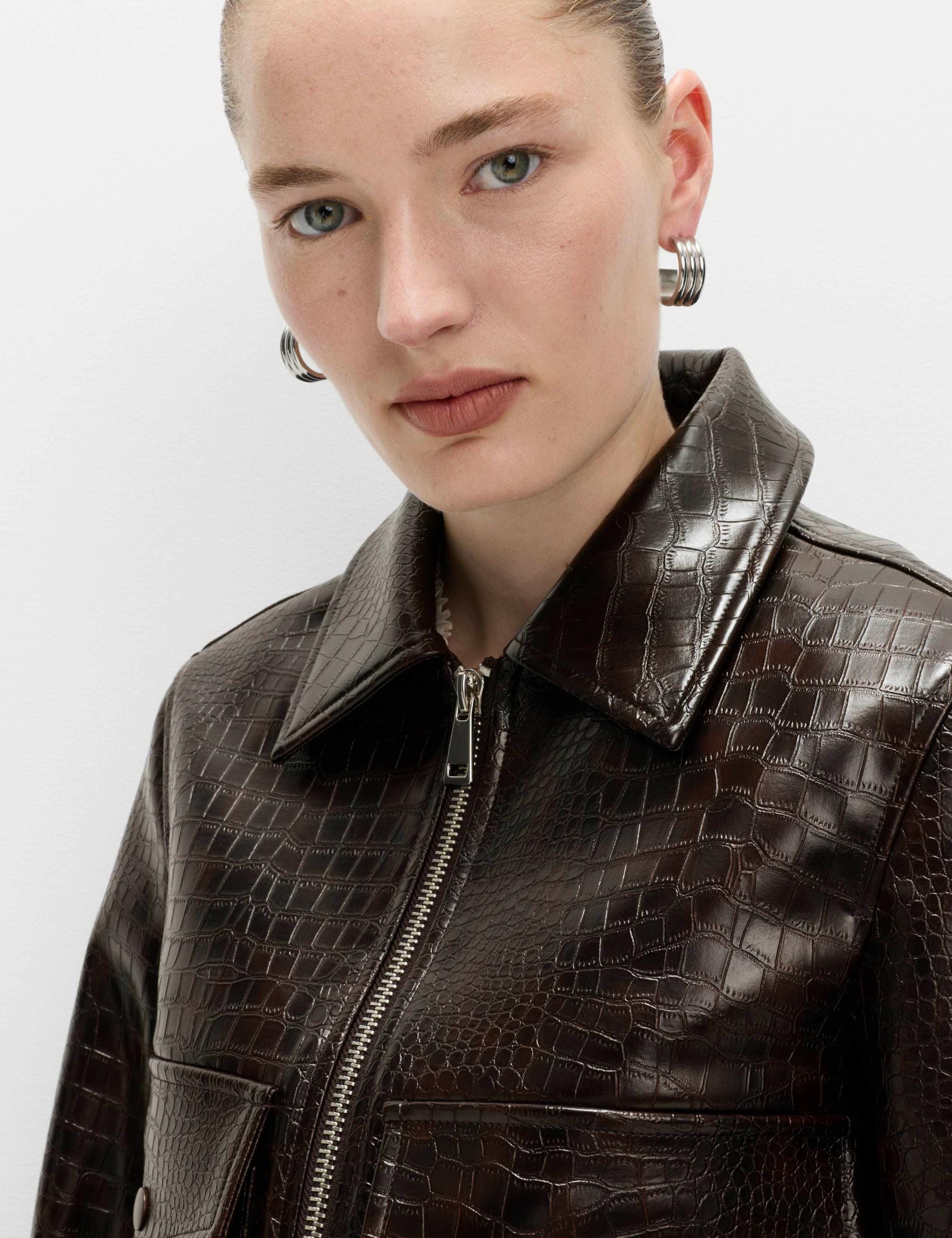 Dark Brown Crocodile Genuine Leather Jacket Women's Moto Style