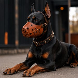 Puede incluir: Un perro Doberman negro y fuego que lleva un bozal de cuero marrón con orificios de ventilación circulares y un collar de cuero negro a juego con tachuelas metálicas de color latón y una anilla en D central para la correa, en posición tumbada.