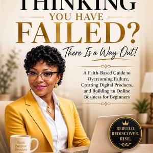 May include: A book cover with the title "THINKING YOU HAVE FAILED?" and the author's name, Favor Abraham. The cover features a woman in a yellow blazer, glasses, and a coffee mug that says "Faith Purpose Freedom". The book's subtitle is "There Is a Way Out!"