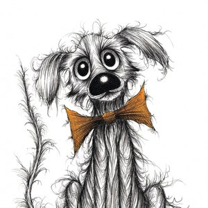 Stinker the dog Print download Scruffy smelly pet doggie pooch mutt hound wearing orange bow tie who's still quite cute Animal image sketch