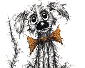 Stinker the dog Print download Scruffy smelly pet doggie pooch mutt hound wearing orange bow tie who's still quite cute Animal image sketch
