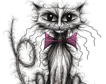 Little Fluffy the cute kitty Print download Slightly shabby pet puss kitten moggie kittycat with long curly thin tail wearing trendy bow tie