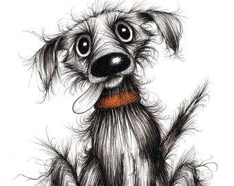 Wooferty dog Print download Happy pet doggie pooch hound mutt with sticky out tongue ready to play with new ball Amusing animal image sketch