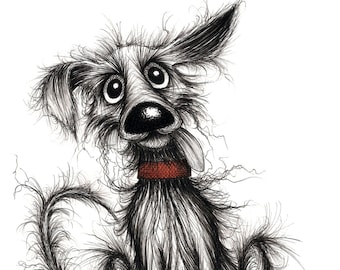 Fuzzy dog Print download Scruffy stinky pet pooch pup who needs a friend Grubby frizzy doggie with cute face sticky out tongue and ball