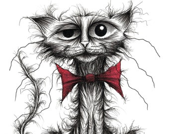 Ugly cat Print A4 size picture Nasty pet kitty puss pussycat moggie with miserable face thin scruffy tail and tatty bow tie Animal sketch