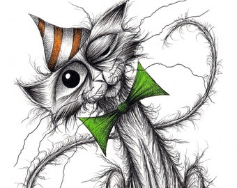 Mr Jones Print download Groovy pet cat kitten puss kitty pussycat wearing fashionable funky stripey hat and green bow tie Animal sketch