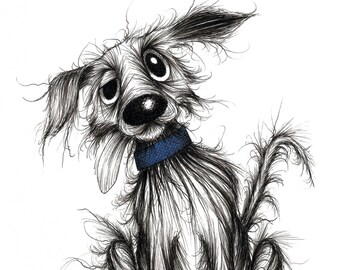 Little Stinker Print download Extra scruffy smelly pet dog pooch mutt with blue collar and sticky out tongue Shabby tatty hound Fun picture