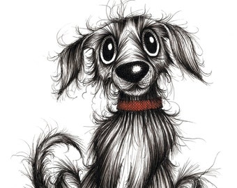 Mr Smelly the dog Print A4 size picture Slightly sad looking pet pup pooch mutt doggie hound who's a bit stinky in red collar Animal drawing