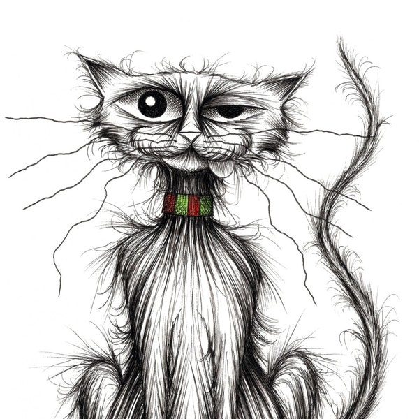 Jones the cat Print download Fashionable pet kitty puss wearing smart striped collar Funky pussycat with thin tail and sticky out tongue