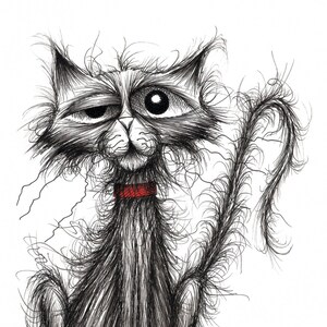Fuzzy cat Print A4 size picture Quite scruffy shabby miserable grumpy pet puss moggie with thin tatty bent tail Ink drawing printed on paper