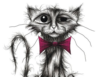 Rupert the posh cat Print download Fashionable pet kitty wearing smart bow tie Trendy pussycat with thin bent tail who's very important