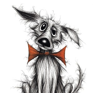 Posh paws the pooch Print A4 size picture Quite scruffy pet hound doggie mutt with funny sticking out ear wearing orange bow Animal drawing