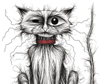 Stinker the cat Print A4 size picture Scruffy shabby miserable grumpy face pet puss moggie with thin tatty tail Ink drawing printed on paper