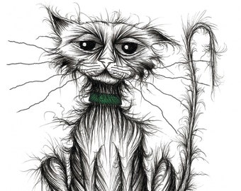 Ugly cat Print download Nasty shabby scruffy skinny pet puss kitty pussycat moggie with long thin bent tail who's in a bad mood Animal image