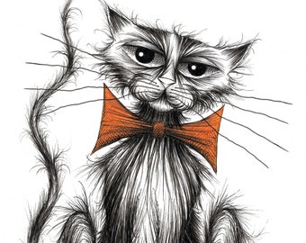 Tiddles the cat Print download Slightly scrruffy pet puss kitty moggie with grumpy miserable face and thin tail wearing orange bow tie