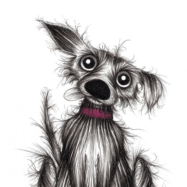 Original Ink drawing by Keith Mills Little Larry drawn on A4 paper Adorable cute little puppy dog with sticky out tongue and a tasty bone