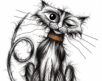 Boris the cat Print download Skinny little pet kitten kitty puss pussycat with long curly tail cute face and empty food dish Animal picture