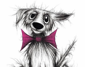 Barney dog Print download Cheerful looking pet pooch pup in posh bow tie Funky mutt with sticky out ear and cute face Fun animal picture