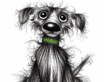 Fuzzy Fido Print download Frizzy fluffy scruffy pet dog pooch mutt hound who needs an urgent bath Animal ink drawing sketch image picture