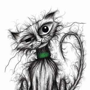 Fluffy the cat Print download Cute kitty puss pussycat with curly tail and green collar Slightly scruffy puss who's adorable Animal picture