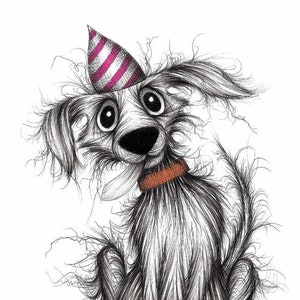 Fluffy dog Print A4 size picture Super cute pooch hound in funny stripey hat and smart collar Friendly face animal drawing printed on paper