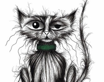 Bad cat Print download Very naughty mucky scruffy pet kitten kitty moggy with thin tatty tail wearing green collar Nasty mischievous puss