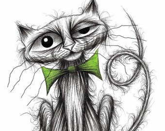 Boris the cat Print download Skinny kitty puss pussycat with long curly tail and cheeky face wearing smart green bow tie Funny pet picture