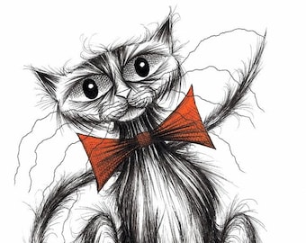 Felix cat Print download Fashionable pet puss kitty kitten with long thin tail wearing super smart trendy bow tie Funky animal picture