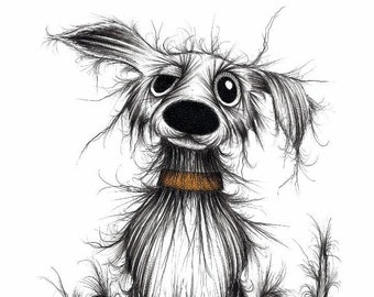 Cute puppy Print A4 size picture Scruffy mutt doggie pooch dog with sticky up ear Ink drawing line art printed on paper Pet lover gift idea