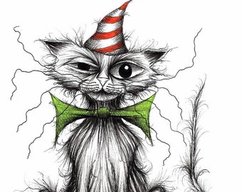 Boris the cat Print download Scruffy shabby pet kitty moggie puss pussycat with grumpy face wearing funny striped hat and green bow tie