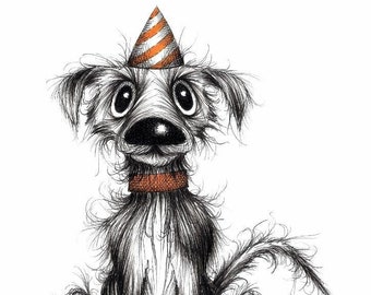 Grumpy the dog Print A4 size picture Miserable doggie pooch pup puppy hound in funny pointed stripey hat Animal drawing art printed on paper