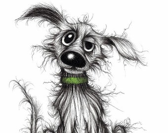 My smelly dog Print download Scruffy shabby stinky and horrid pet doggie pooch hound mutt wearing green collar Animal sketch image picture