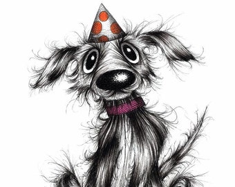 Spotty dog Print A4 size picture Funky groovy spotted pet pooch mutt doggie pup in funny spotty celebration hat Ink drawing printed on paper