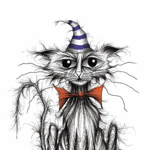 Mr Smelly Print A4 size picture Annoyed stinky pet kitty cat puss wearing silly striped hat and tatty bow Drawing sketch printed on paper