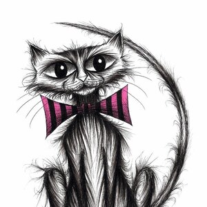 Fab cat Print A4 size picture Fabulous groovy pet kitty with stripey bow tie long curved tail and cute face Animal sketch printed on paper