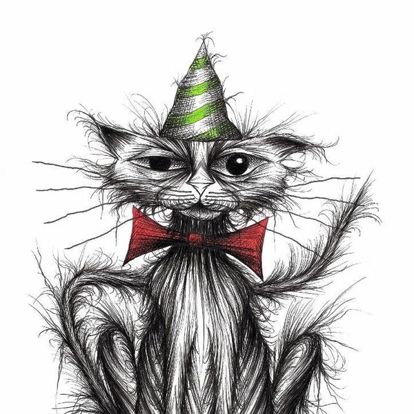 Happy Birthday cat Print download Grumpy faced scruffy shabby pet puss in silly celebration striped hat and bow tie Comical animal picture