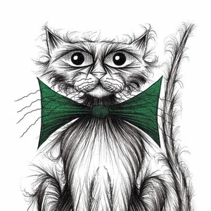 Posh puss Print A4 size picture Very fashionable trendy pet cat kitty pussy pussycat in giant bow tie Animal pet lover gift idea Wall decor