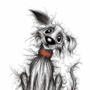 Hello Jack Print A4 size picture image Happy friendly pet pooch dog doggie mutt hound wearing collar Ink drawing sketch printed on paper