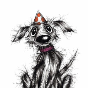 Spotty dog Print A4 size picture Funky groovy spotted pet pooch mutt doggie pup in funny spotty celebration hat Ink drawing printed on paper